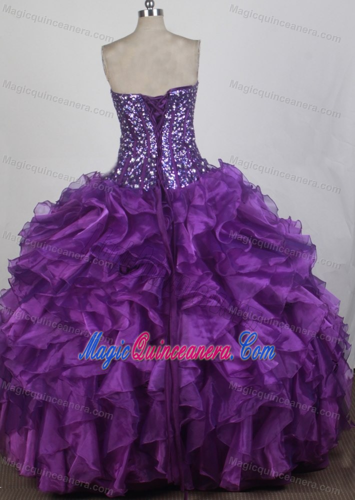 Strapless Floor-Length Beading Ruffles Purple Sweet 16 Dresses