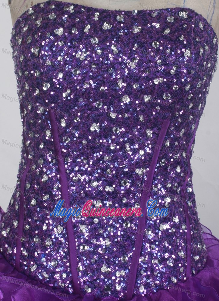 Strapless Floor-Length Beading Ruffles Purple Sweet 16 Dresses