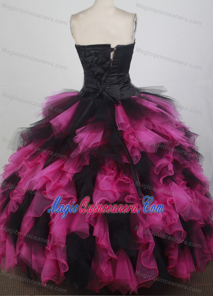 Ruffled Black and Fuchsia Ball Gown Sweetheart Sweet 15 Dresses