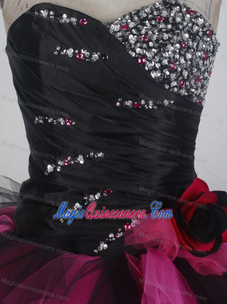 Ruffled Black and Fuchsia Ball Gown Sweetheart Sweet 15 Dresses