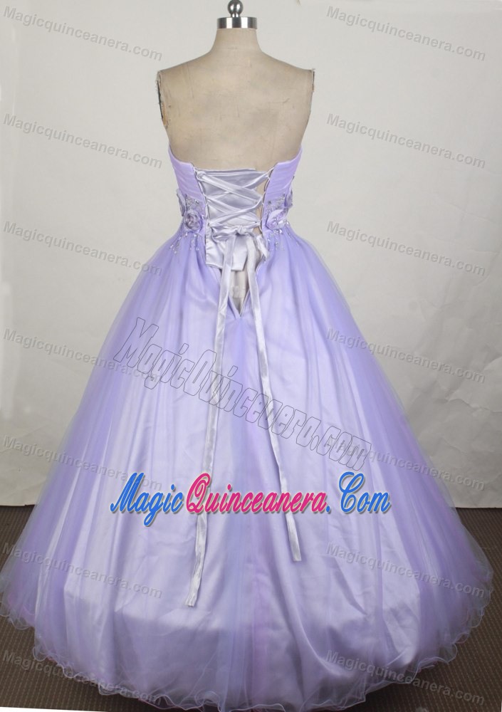 A-line Lilac Ruching Strapless Quinceanera Gowns with Hand Made Flowers