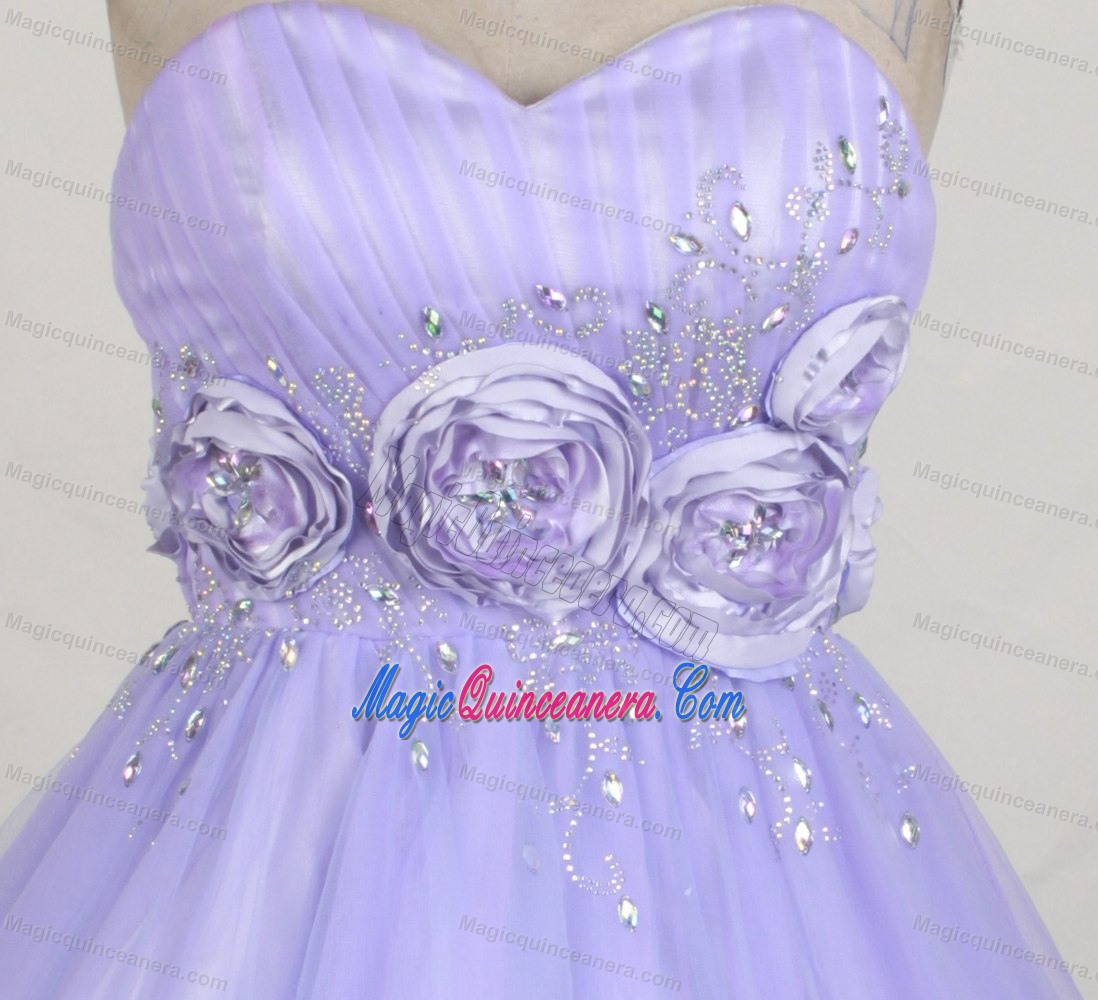 A-line Lilac Ruching Strapless Quinceanera Gowns with Hand Made Flowers