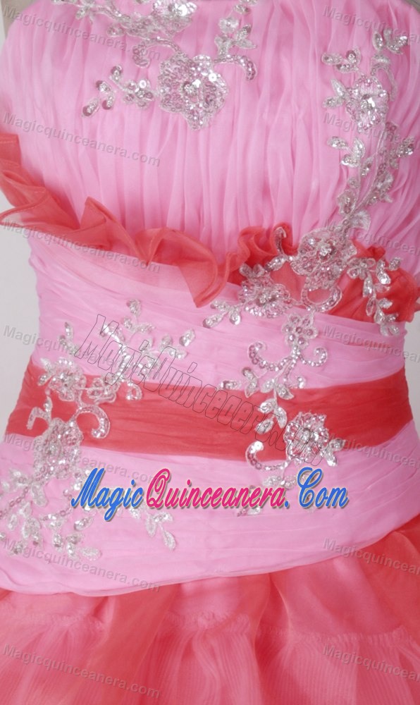 Pleated Strapless Pink and Red Beading Appliques Dresses For 15