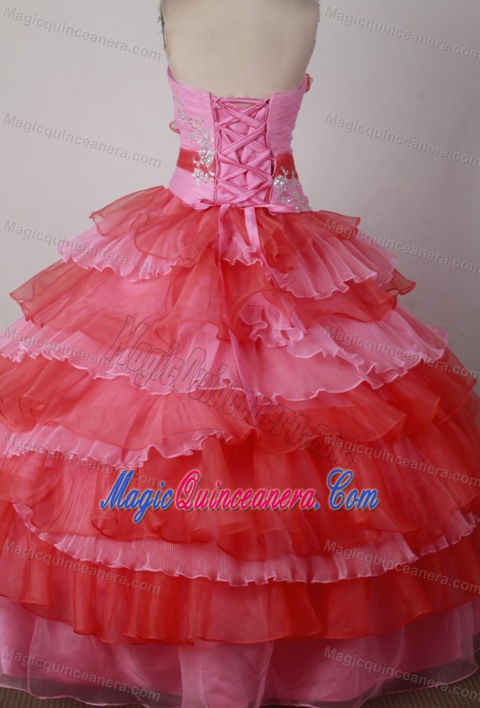 Pleated Strapless Pink and Red Beading Appliques Dresses For 15