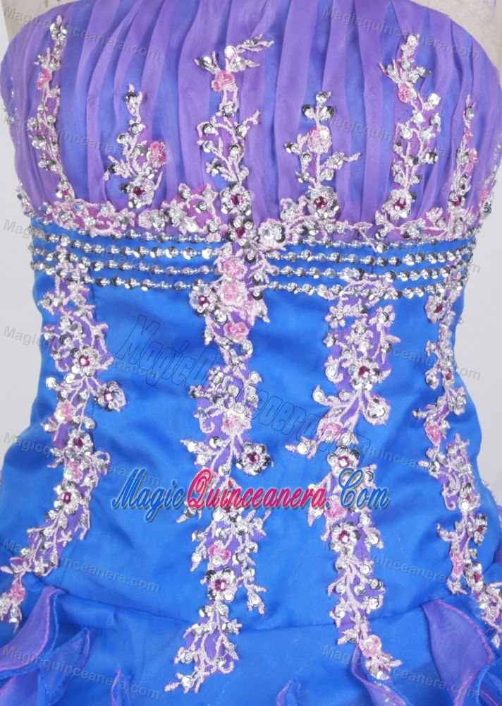 Pleated Strapless Appliques Blue and Purple Quinces Dresses