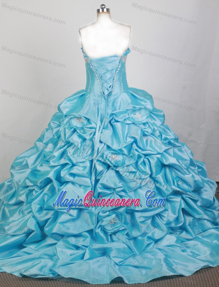 Ruffled Strapless Baby Blue Quinceanera Dresses with Beadings