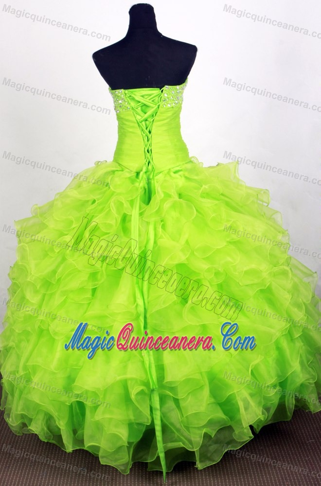 Lime Green Beading Sweetheart Ruffled Quinceanera Gown Dresses