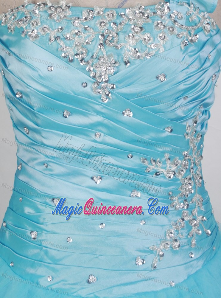 Floral One Shoulder Strapless Light Blue Beaded Quinceanera Dress