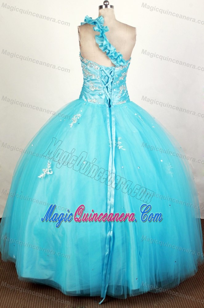 Floral One Shoulder Strapless Light Blue Beaded Quinceanera Dress