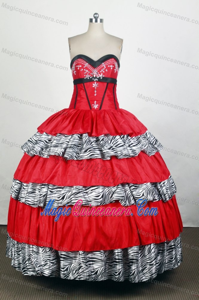 Sweetheart Red and Zebra Quinceanera Dress with Appliques and Ruffles