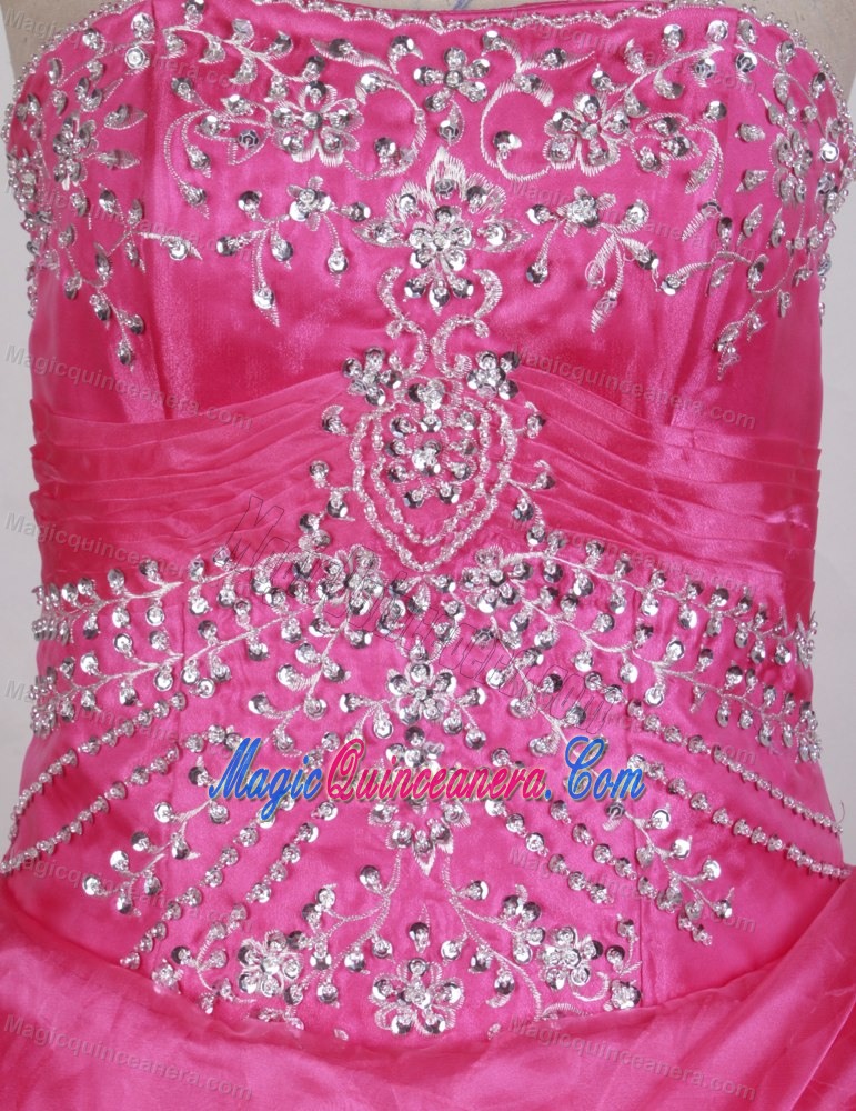 Beautiful Beading Strapless Floor-length Hot Pink Ruffled Sweet 16 Dress