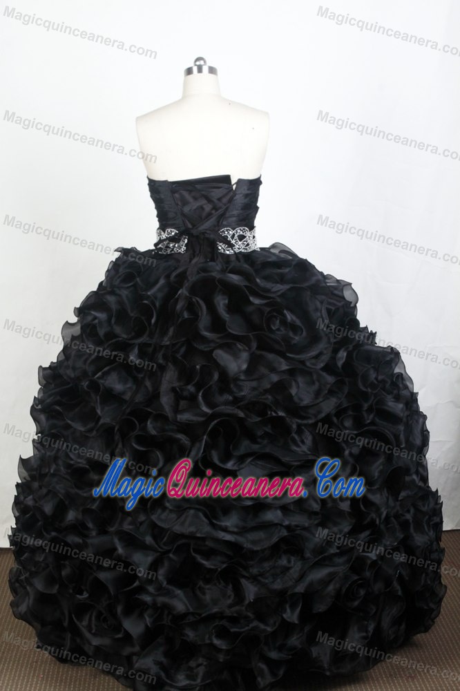 Ruffled Black Beading Sweetheart Floor-length Ruched Quinces Gowns