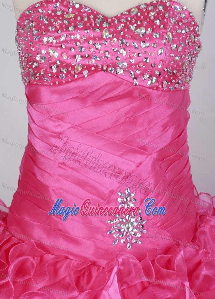 Lovely Sweetheart Ruched Beading Hot Pink Ruffled Dress For a Quince