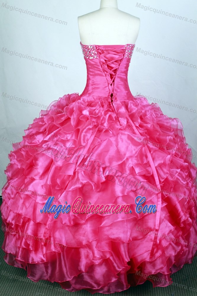 Lovely Sweetheart Ruched Beading Hot Pink Ruffled Dress For a Quince