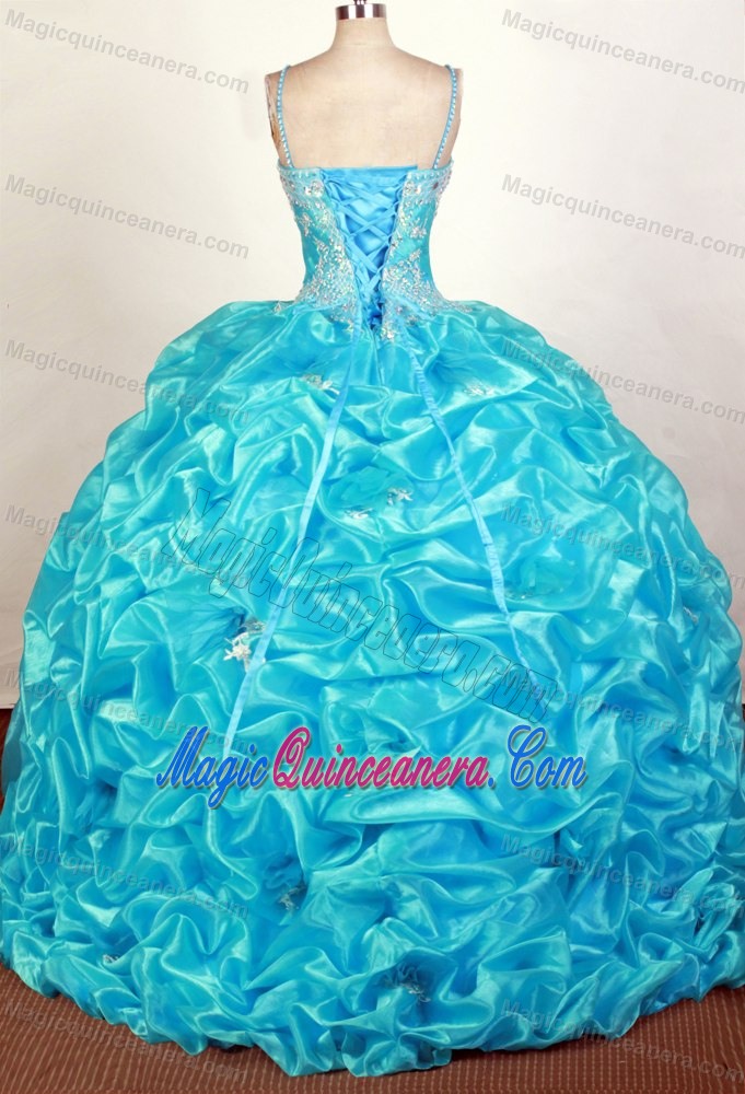 Straps Appliques Pick Ups Beading Aqua Blue Dress For Quinceanera