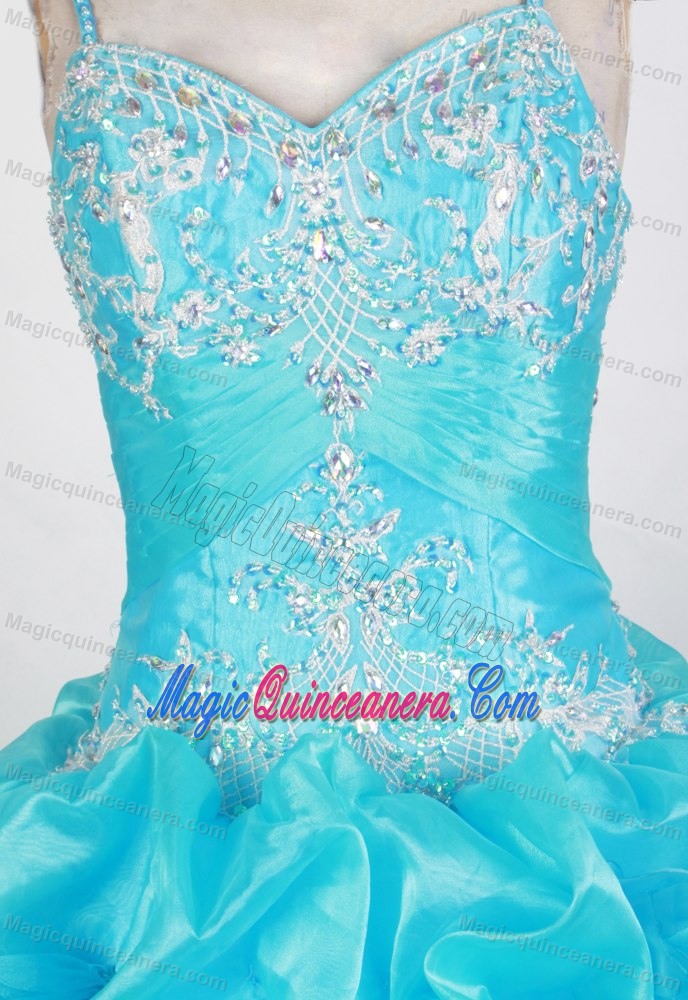 Straps Appliques Pick Ups Beading Aqua Blue Dress For Quinceanera