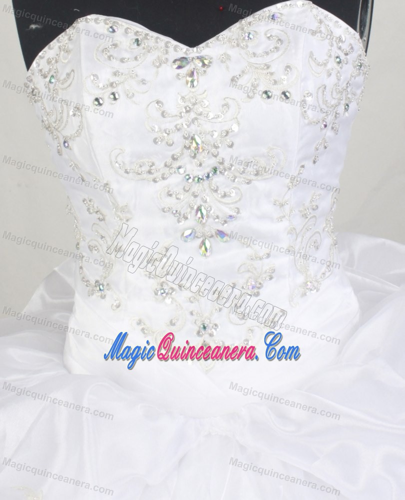 White Sweetheart Organza Beading Brush Train Quinceanera Dresses