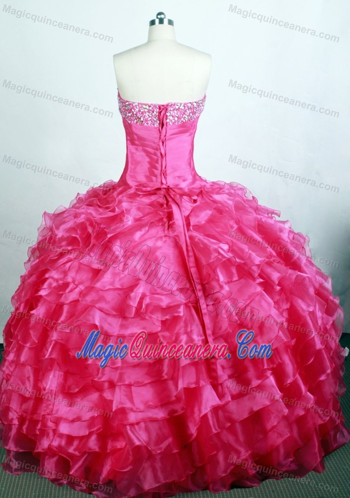 Ruched Sweetheart Beading Ruffled Hot Pink Quinceanera Dress on Sale