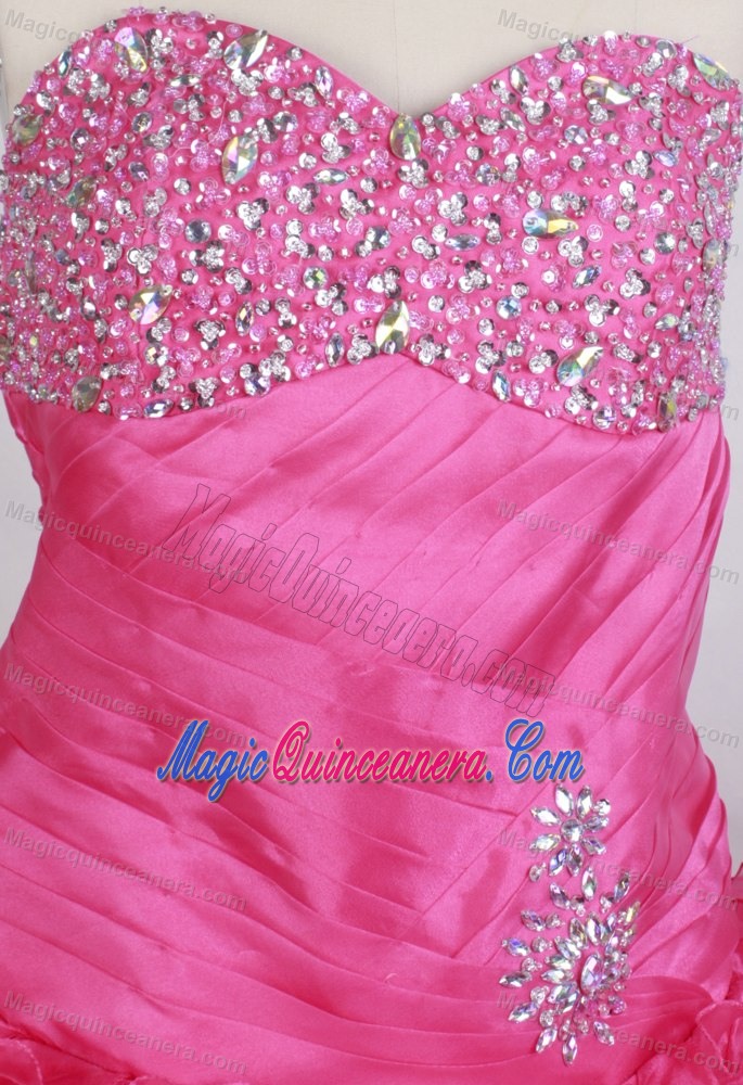 Ruched Sweetheart Beading Ruffled Hot Pink Quinceanera Dress on Sale