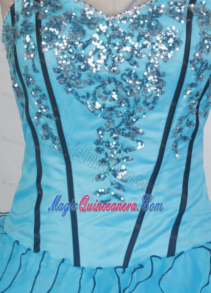 Sweetheart Sequin Aqua Blue Ruffled Quinceanera Dress with Black Hem