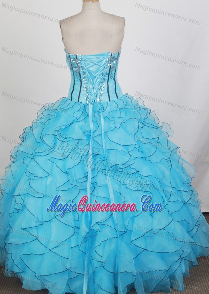 Sweetheart Sequin Aqua Blue Ruffled Quinceanera Dress with Black Hem