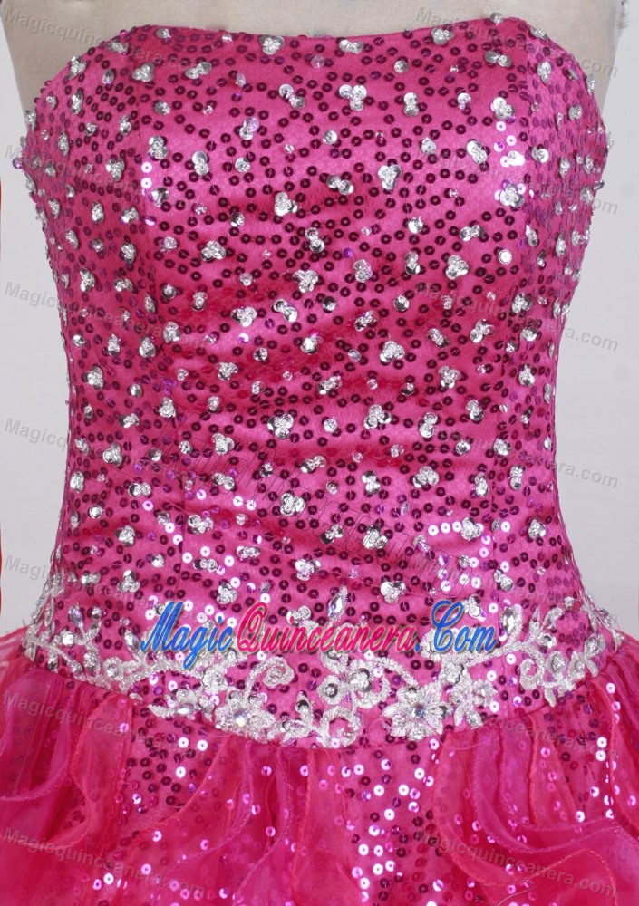 Appliques and Sequins Strapless Ruffled Hot pink Quinceanera Gown