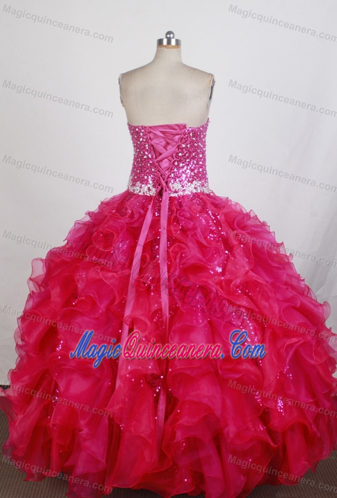 Appliques and Sequins Strapless Ruffled Hot pink Quinceanera Gown