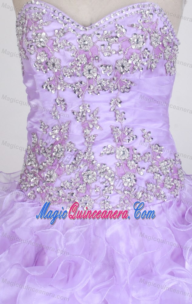 Lilac Sweetheart Appliques and Beading Organza Ruffled Dresses For 15