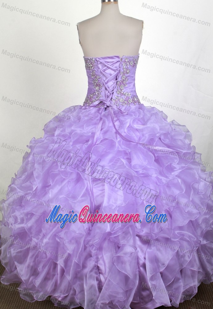 Lilac Sweetheart Appliques and Beading Organza Ruffled Dresses For 15