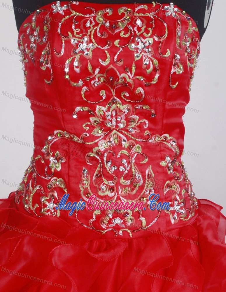 Strapless Embroidery Red Ruffled Organza Dresses For Quinceaneras