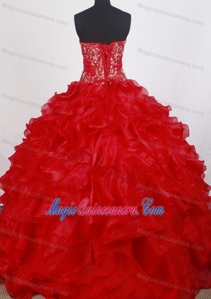 Strapless Embroidery Red Ruffled Organza Dresses For Quinceaneras