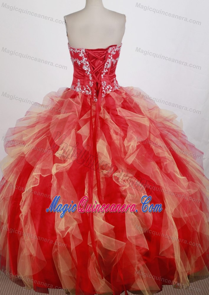 Colorful Appliques Strapless Ruffled Floor-length Quinceanera Dresses