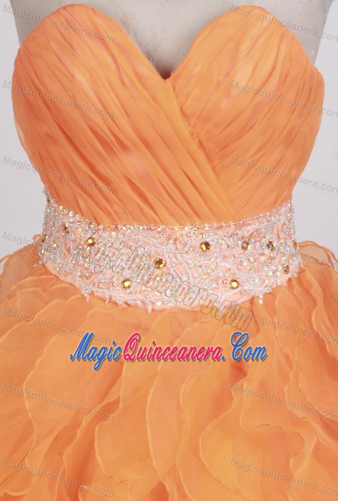 Sweetheart Ruches Applique Beading Orange Ruffled Quinceanera Dress