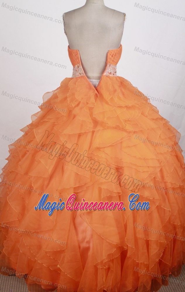 Sweetheart Ruches Applique Beading Orange Ruffled Quinceanera Dress