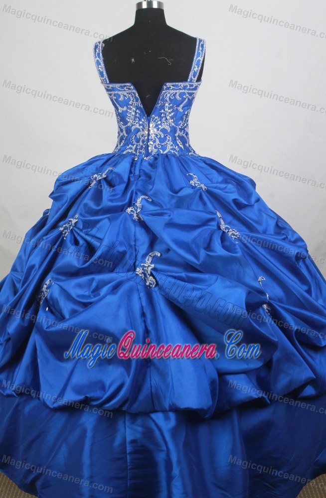 Straps Embroidery and Beading Pick Ups Royal Blue Quinceanera Gown