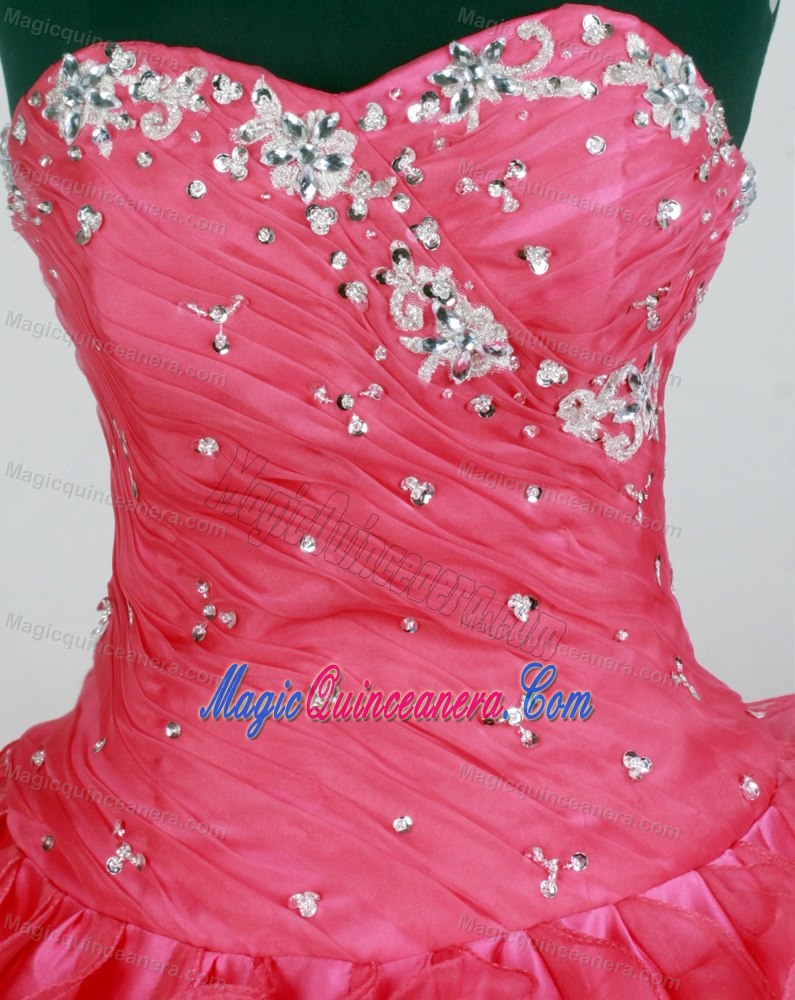 Beading Sweetheart Appliques Ruffled Hot Pink Quinceaneras Dresses