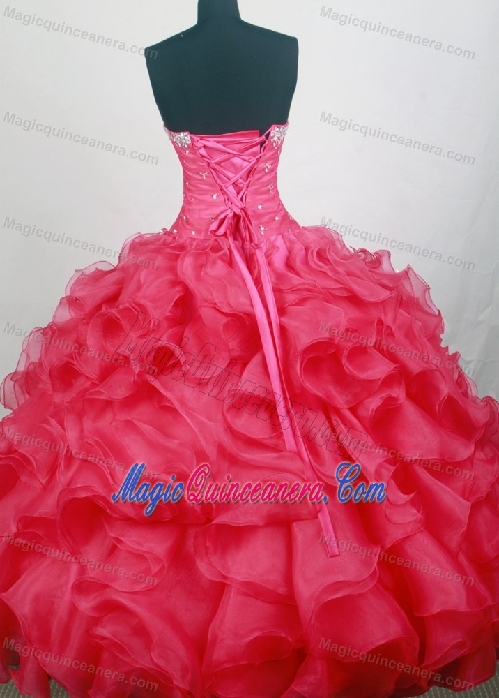 Beading Sweetheart Appliques Ruffled Hot Pink Quinceaneras Dresses