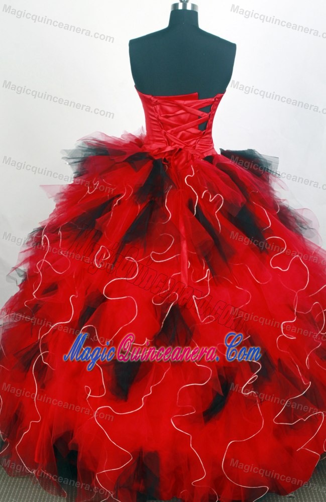 Red and Black Ruffled Sweetheart Appliques Beaded Sweet 15 Dresses