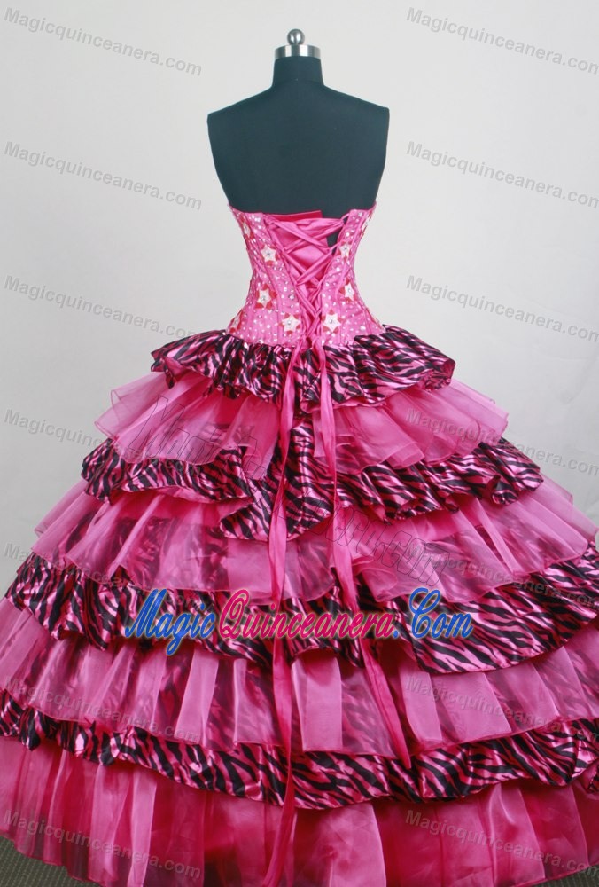 Layered Leopard Fabric Strapless Beading Applique Quinceanera Gown