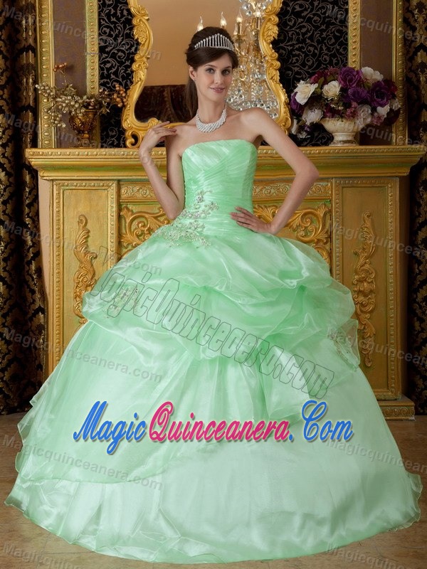 Appliqued and Ruched Strapless Quinceanera Dresses in Apple Green