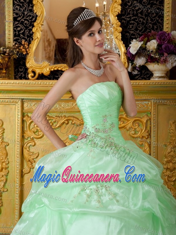 Appliqued and Ruched Strapless Quinceanera Dresses in Apple Green