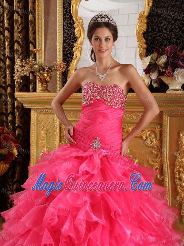 Chihuahua Mexico Beaded and Ruffled Hot Pink Quinceanera Gowns