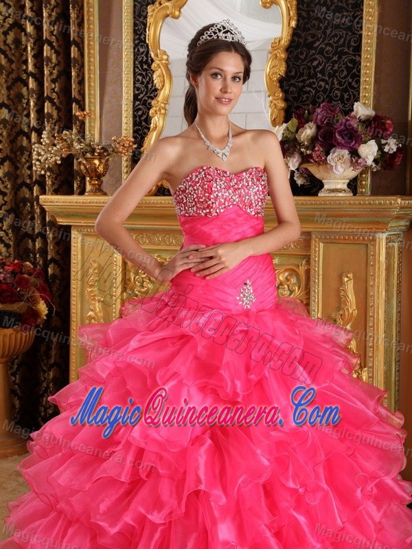 Chihuahua Mexico Beaded and Ruffled Hot Pink Quinceanera Gowns