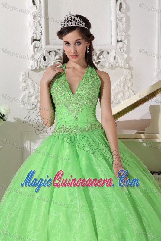 Spring Green Halter Lace-up Dresses 15 with Appliques Floor Length