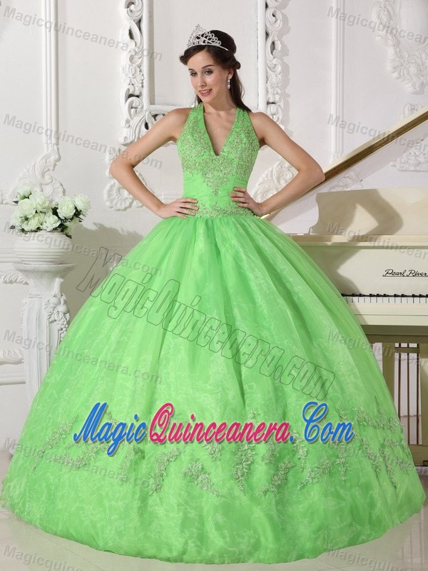 Spring Green Halter Lace-up Dresses 15 with Appliques Floor Length