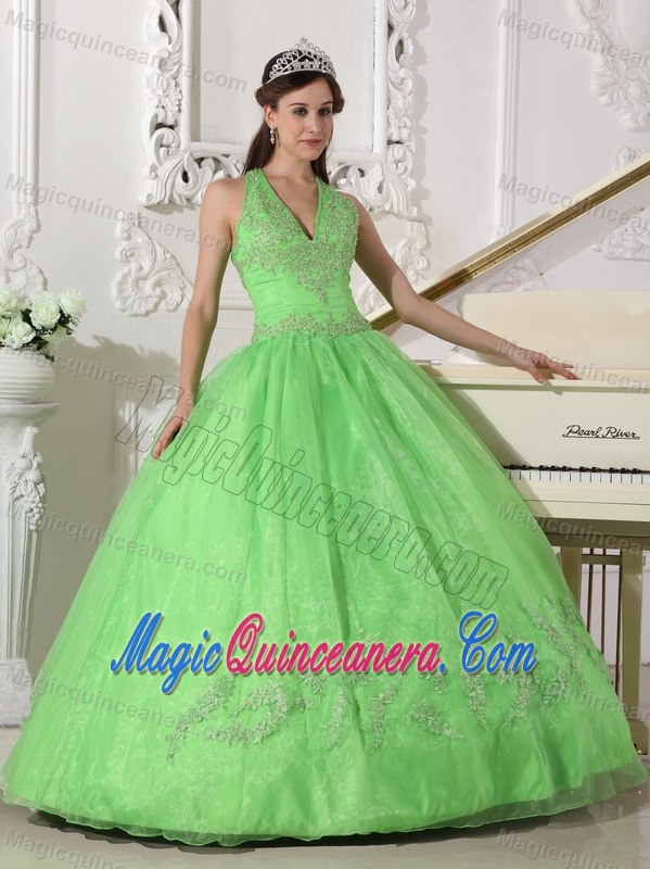 Spring Green Halter Lace-up Dresses 15 with Appliques Floor Length