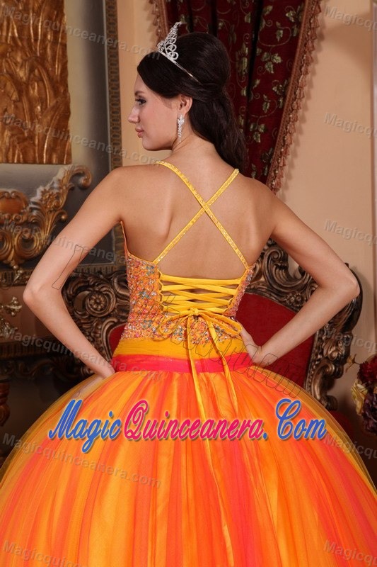 Beaded Waist Orange Red Quinceanera Gown Dress Spaghetti Straps