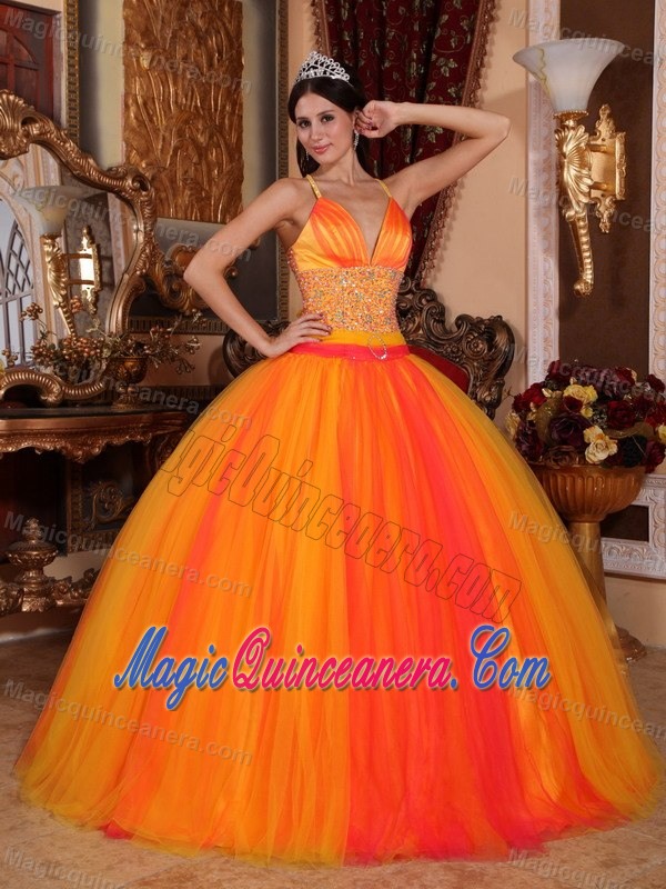 Beaded Waist Orange Red Quinceanera Gown Dress Spaghetti Straps