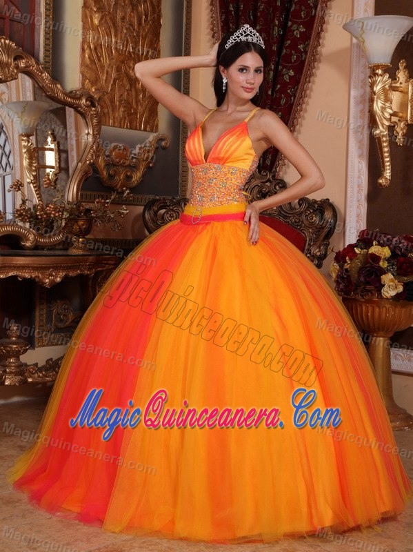 Beaded Waist Orange Red Quinceanera Gown Dress Spaghetti Straps