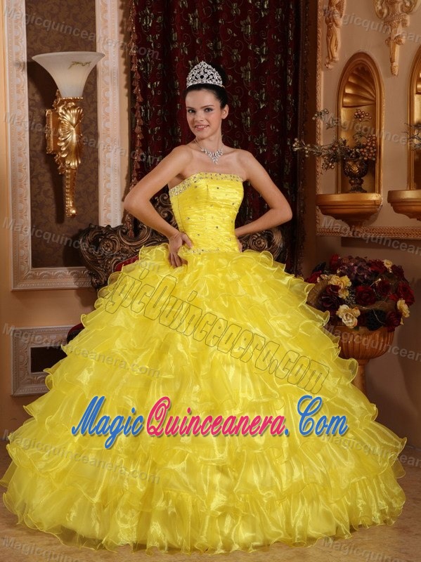 Beaded Bright Yellow Quinceanera Gown Dress with Ruffled Layers